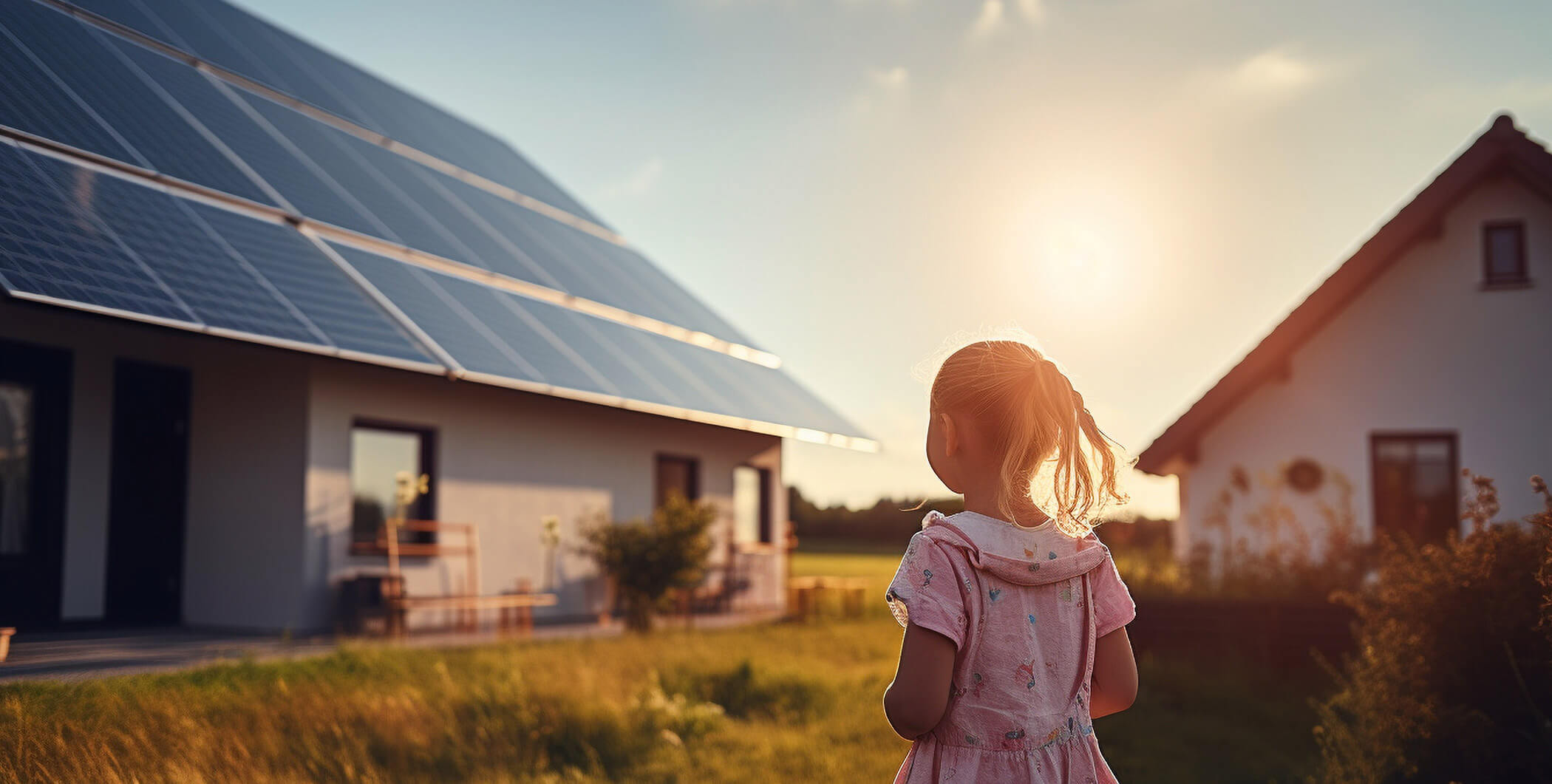 Imagen de una niña al atardecer, en su casa con instalacion fotovoltaica - Ruano energía